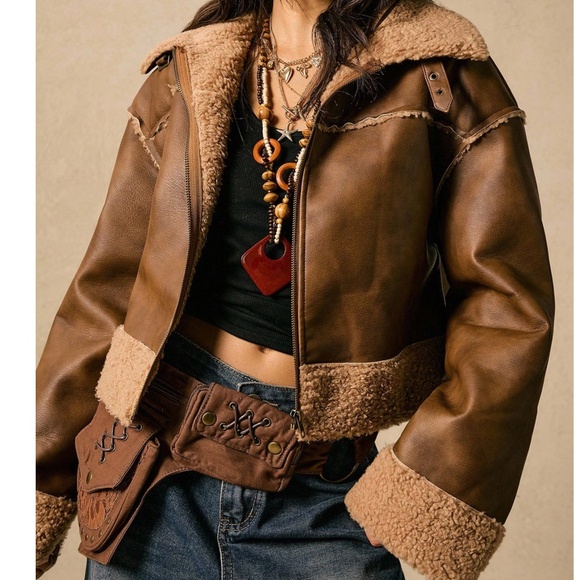 Cozy Sherpa Lined Vegan Leather Zip up Oversized Jacket - Picture 1 of 7